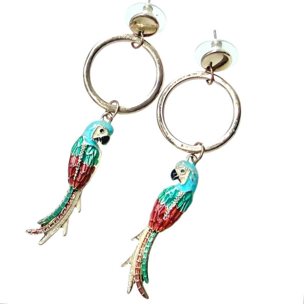 Y2K Tropical Enamel Parrot Drop Earrings Gold Hoop 2.75” Statement - Picture 2 of 6